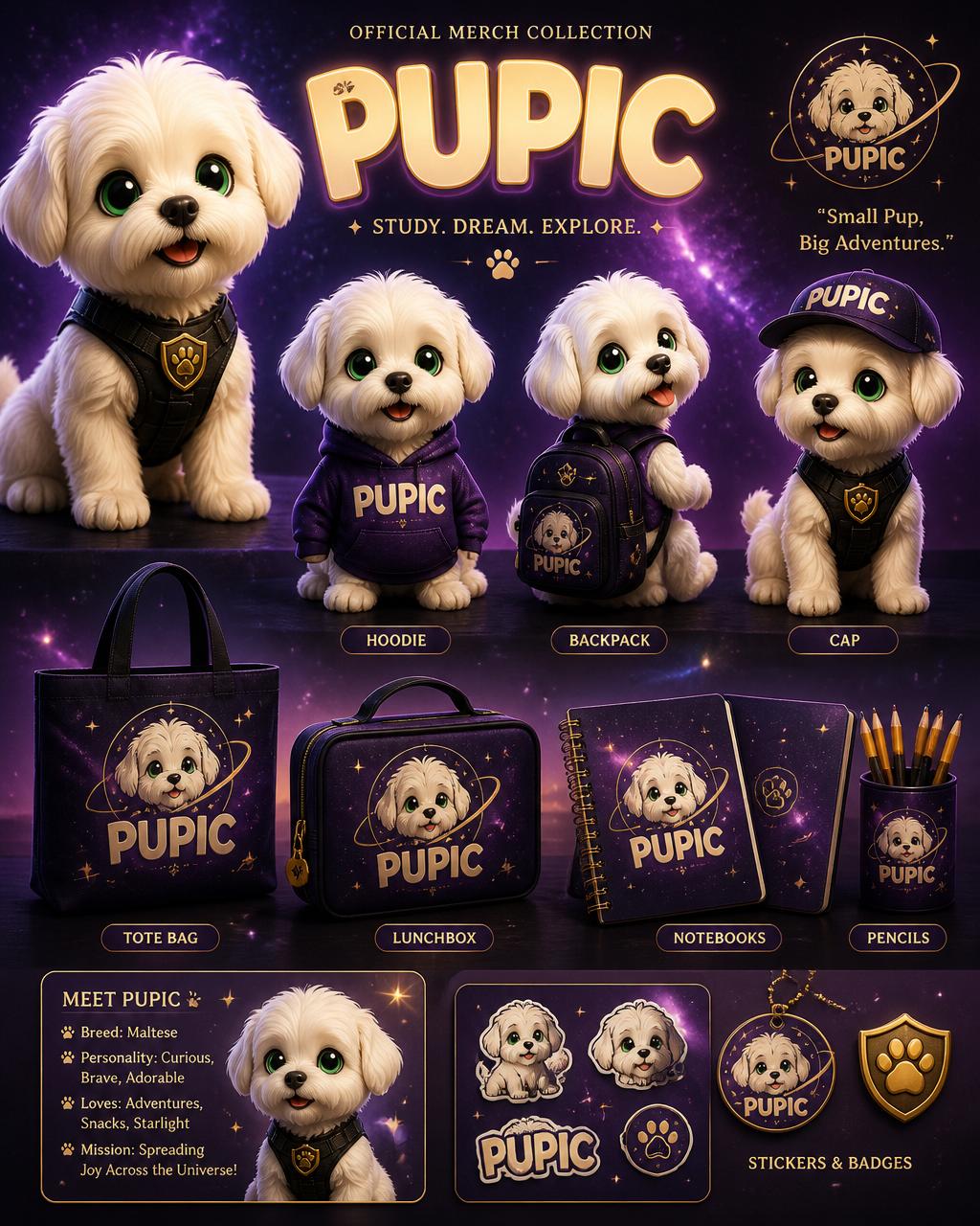 Pupic school merch collection — apparel, bags, stationery